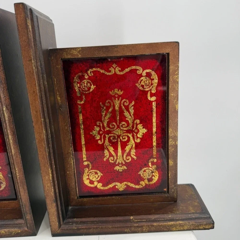 Kirklands Red Gold Bookends Set Ornate Baroque Wood Decorative Shelf Pair